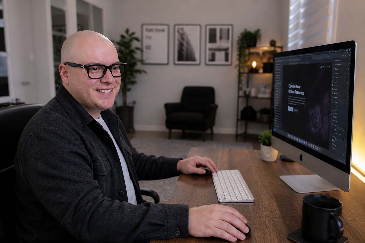 Gal Afik, Founder of Mythos Interactive, at his desk working on a website design