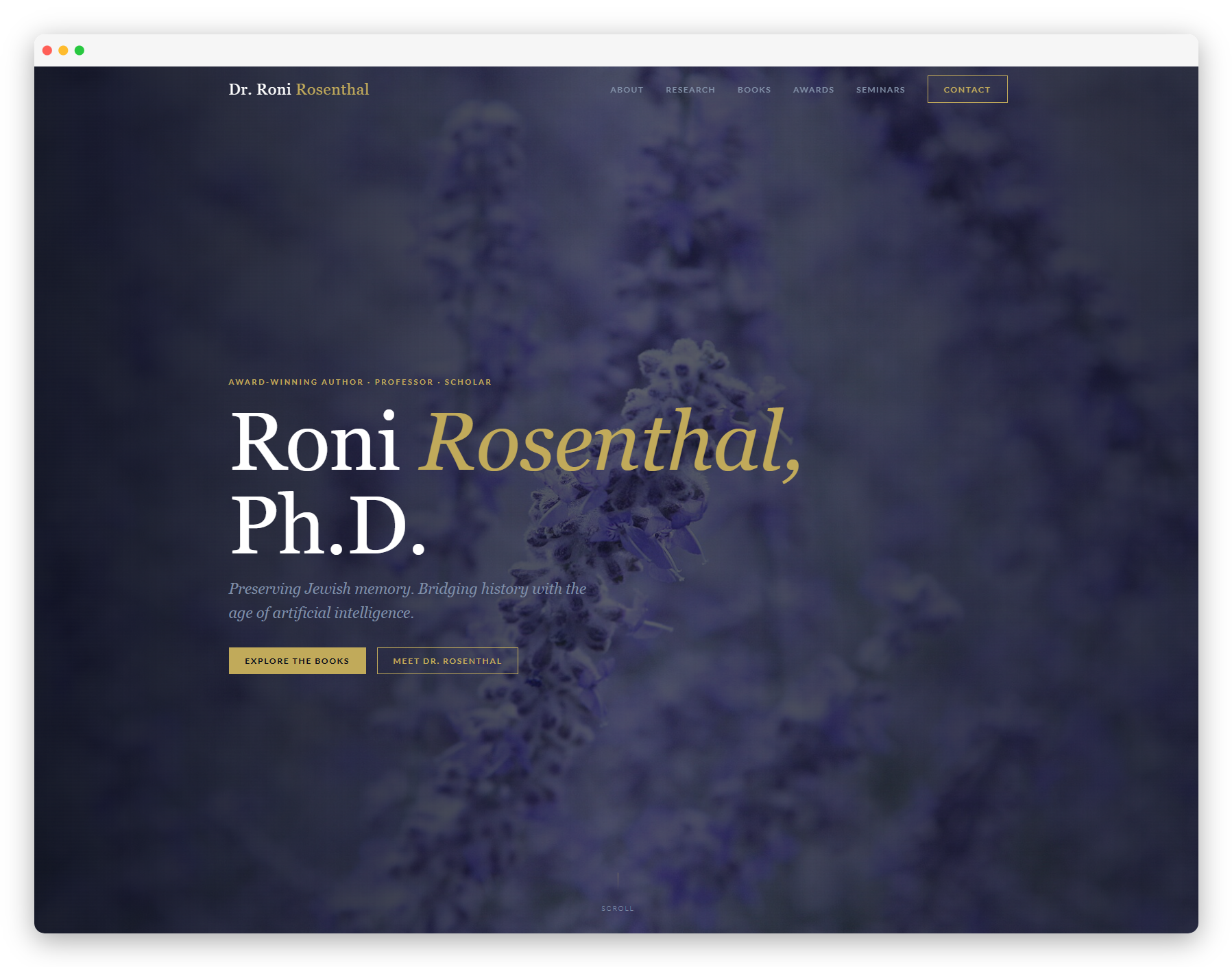 Dr. Roni Rosenthal Ph.D. author website — deep navy and gold academic portfolio