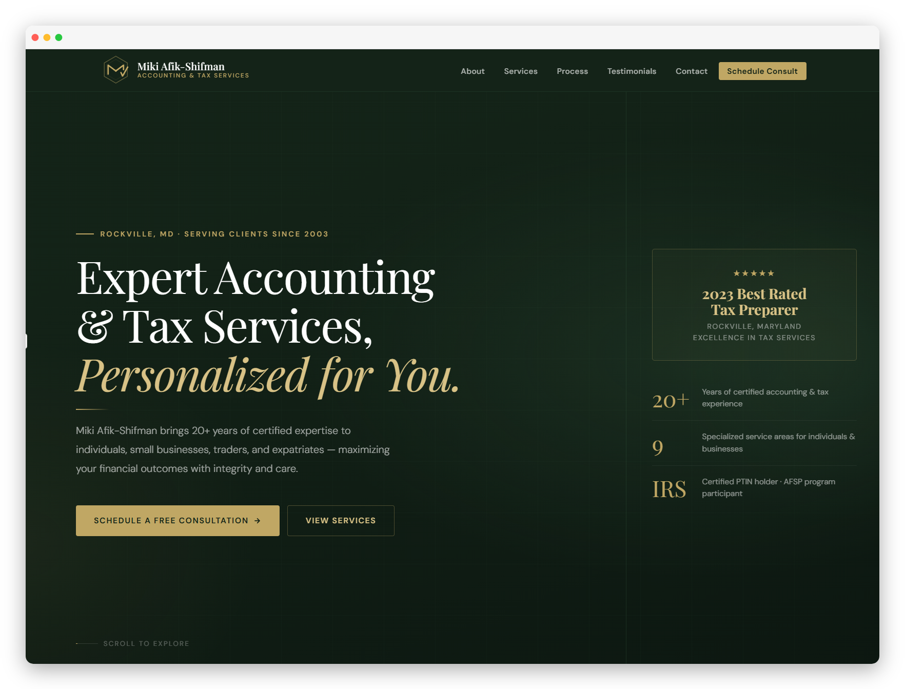 Rosenthal Accounting website — dark green and gold professional design for Miki Afik-Shifman