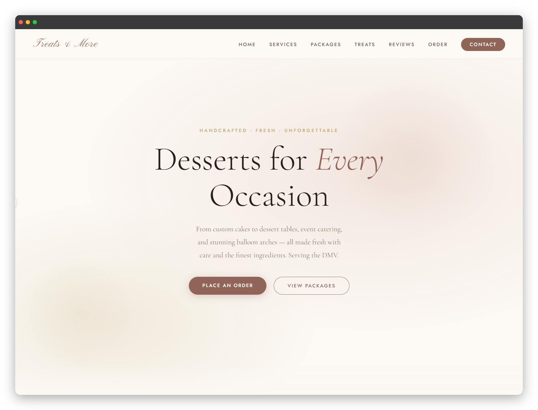 Treats and More By Noy bakery website — elegant cream and rose design with script logo