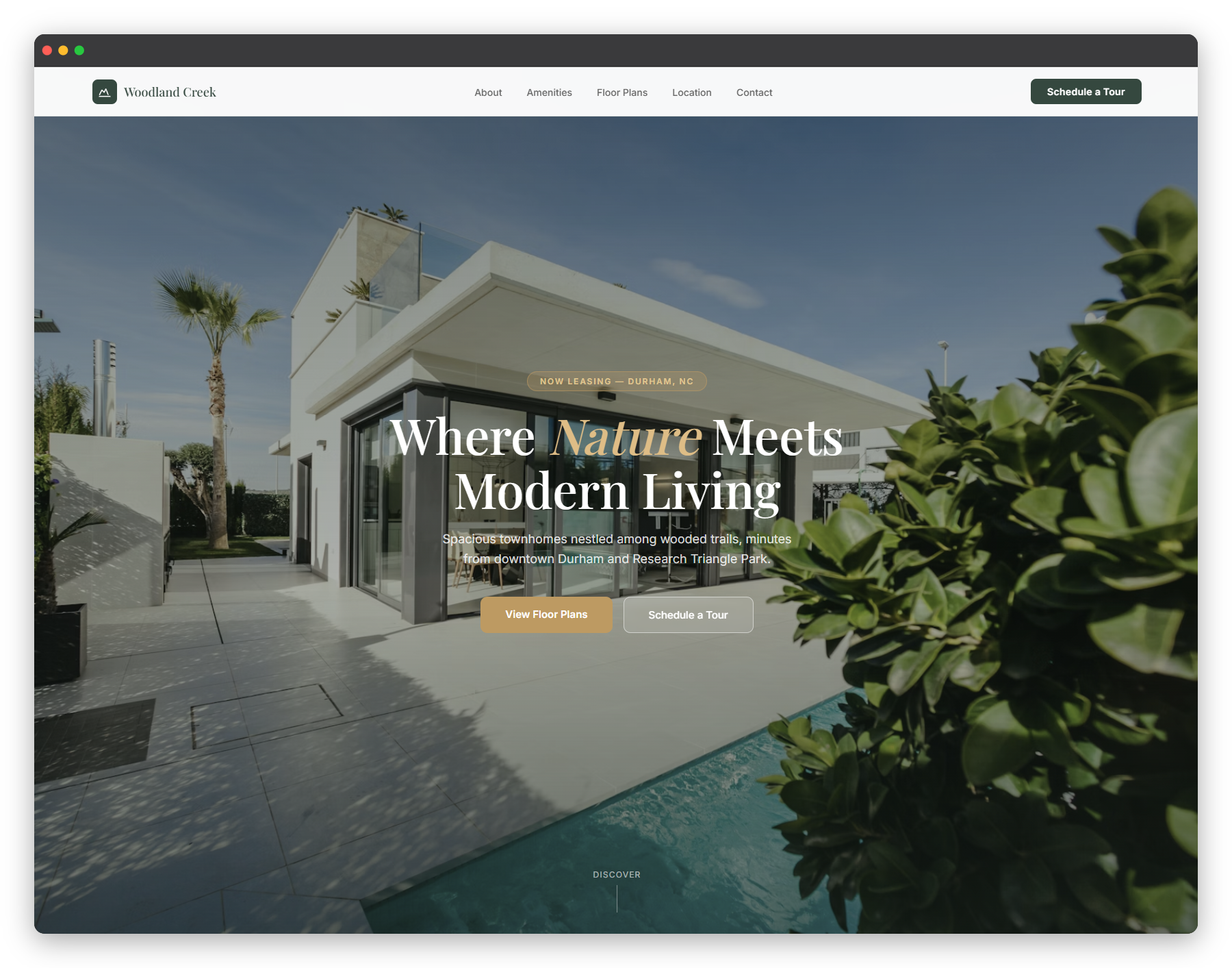 Woodland Creek Townhomes website — full-screen hero with modern property photography